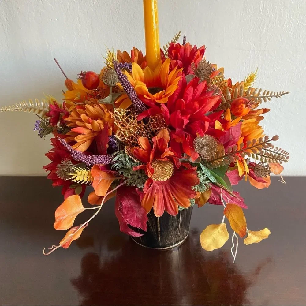 Faux Floral Candle Centerpiece With Sunflowers/Mums